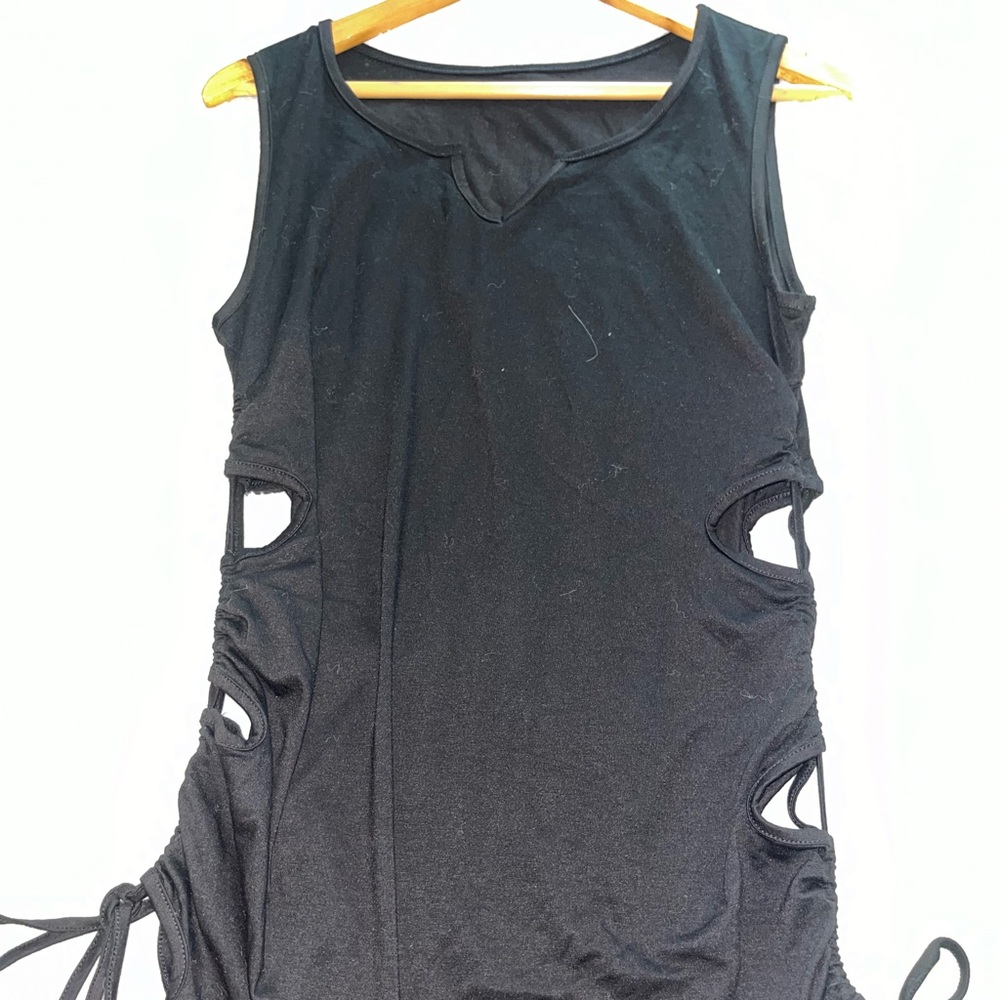 Black tank top dress with v cut out in the front & cutout/ruched detailing